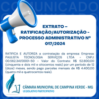 EXTRATO – RATIFICAÇÃO/AUTORIZAÇÃO - PROCESSO ADMINISTRATIVO Nº. 017/2024 